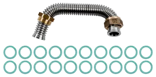 Flexibles Metallrohr mit gebogenem Ende und zwei Befestigungen, umgeben von mehreren Dichtungsringen. Produkt von Wolf zur Verbindung in Gasinstallationen.